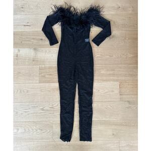 AKIRA - Big Love Lace Jumpsuit with Feather Trim in Black